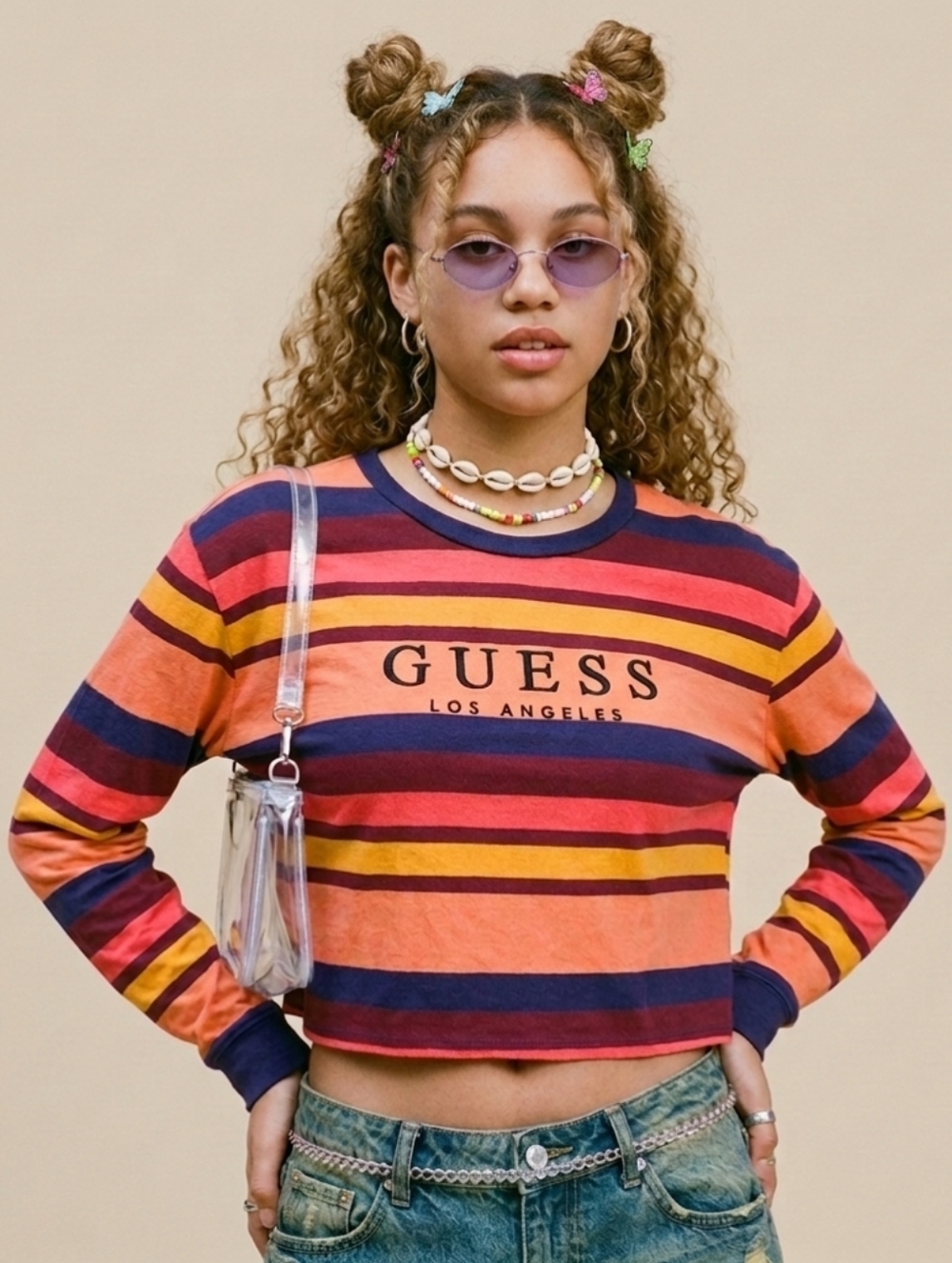 Guess Y2K Cropped Logo Striped Top Long Sleeve Grunge Streetwear Women's Large